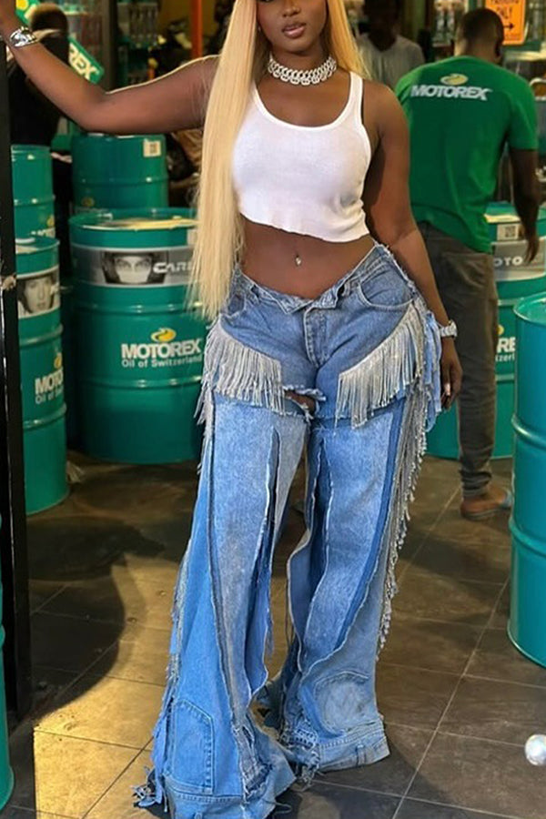Fashionable Patchwork Tassel Flared Jeans