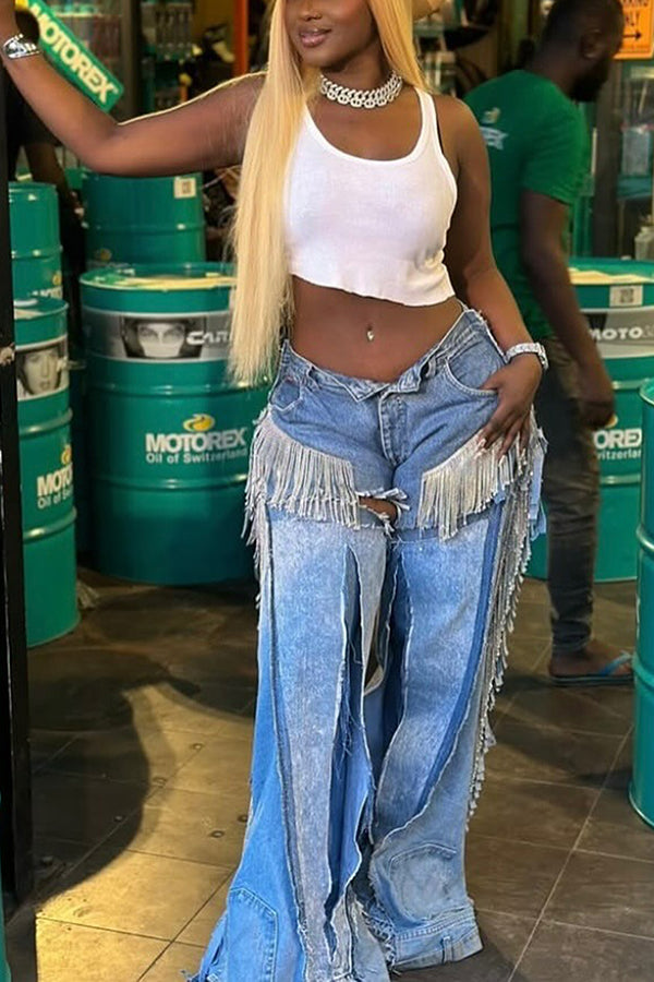 Fashionable Patchwork Tassel Flared Jeans