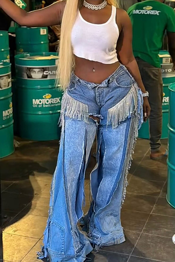 Fashionable Patchwork Tassel Flared Jeans