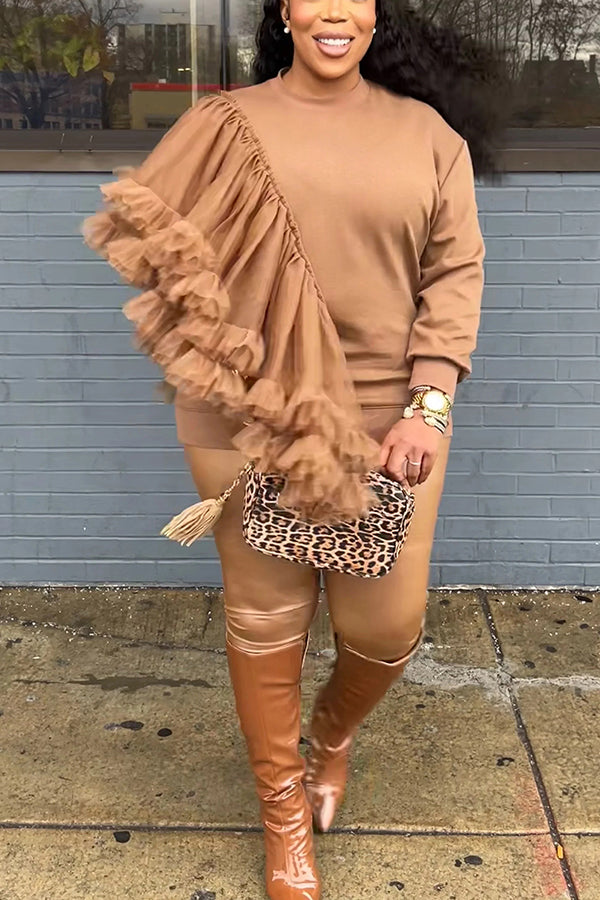 Casual Mesh Patchwork Ruffled Sweatshirt