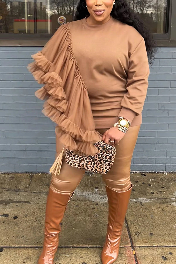 Casual Mesh Patchwork Ruffled Sweatshirt