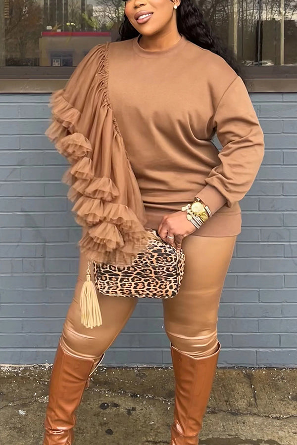 Casual Mesh Patchwork Ruffled Sweatshirt