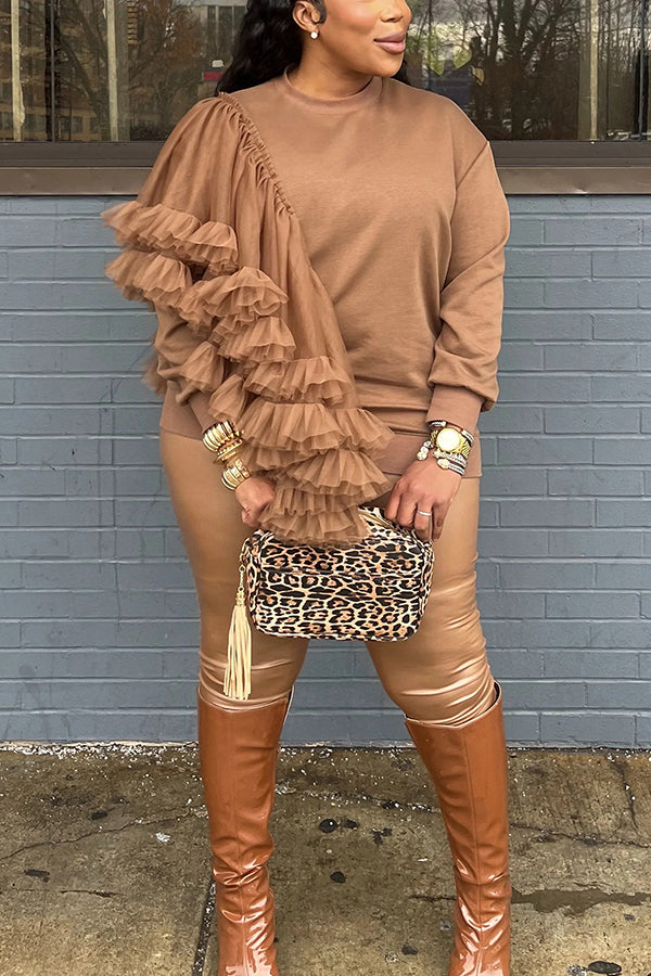 Casual Mesh Patchwork Ruffled Sweatshirt