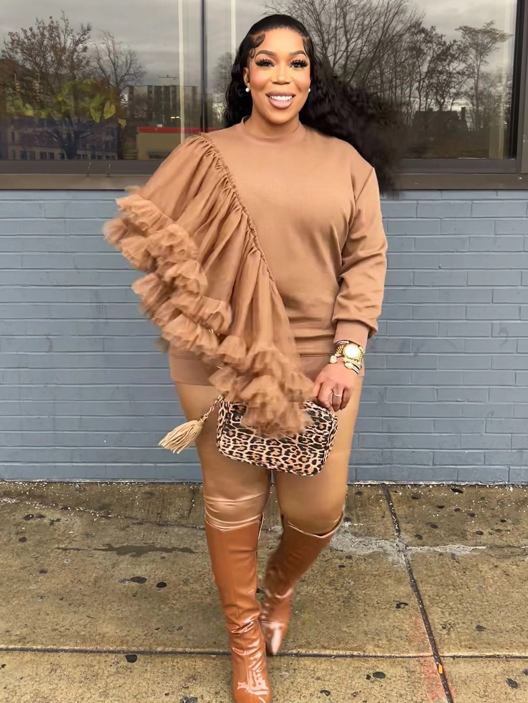 Casual Mesh Patchwork Ruffled Sweatshirt