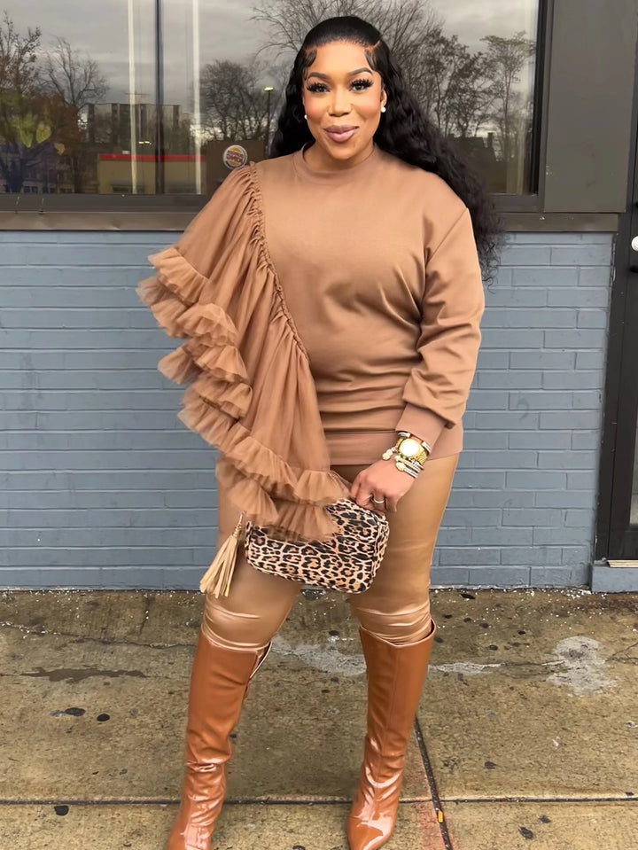 Casual Mesh Patchwork Ruffled Sweatshirt