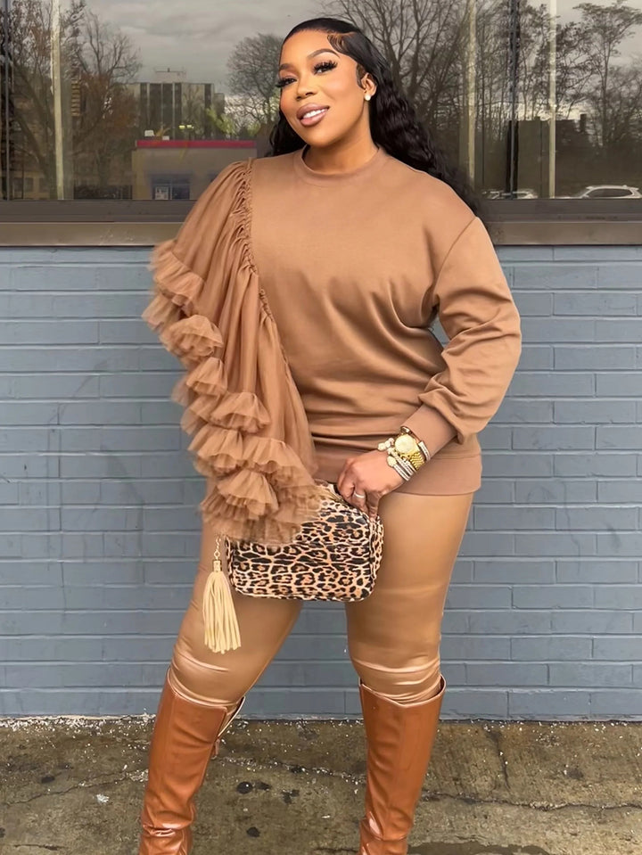 Casual Mesh Patchwork Ruffled Sweatshirt