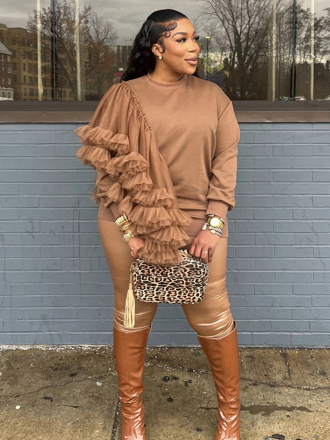 Casual Mesh Patchwork Ruffled Sweatshirt