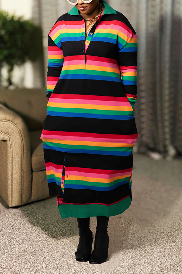 Casual Rainbow Horizontal Stripe Shirt Dress