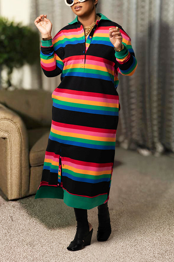 Casual Rainbow Horizontal Stripe Shirt Dress