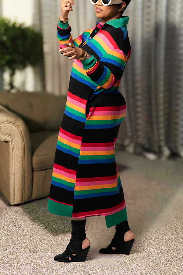 Casual Rainbow Horizontal Stripe Shirt Dress