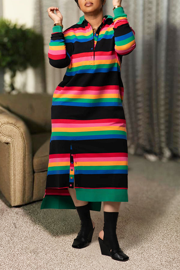 Casual Rainbow Horizontal Stripe Shirt Dress