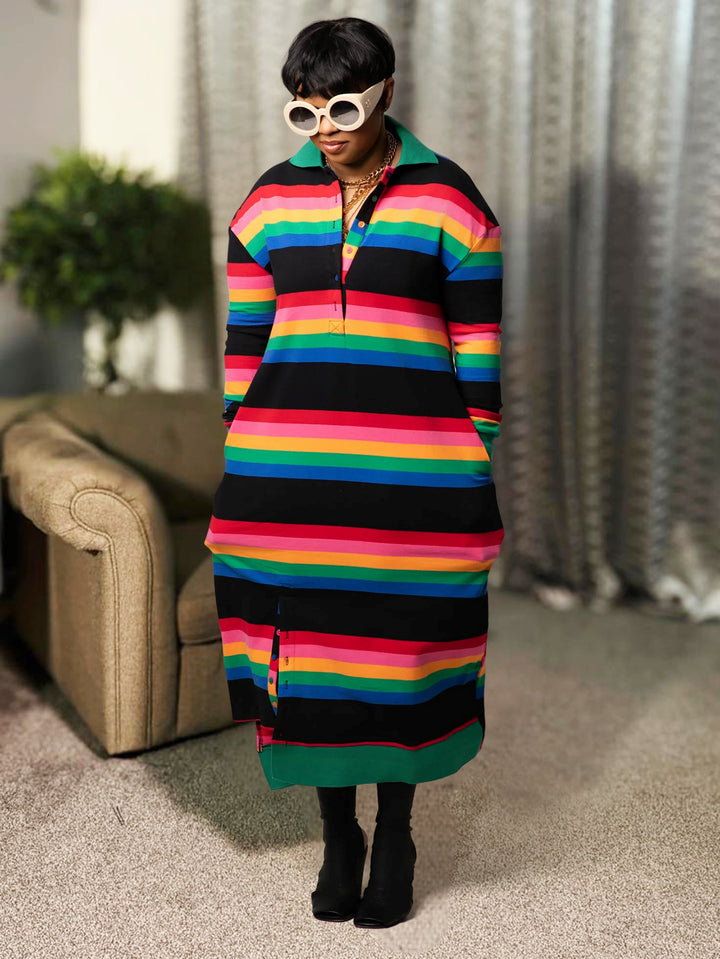 Casual Rainbow Horizontal Stripe Shirt Dress