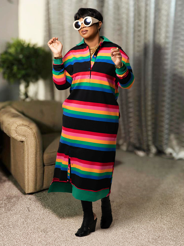 Casual Rainbow Horizontal Stripe Shirt Dress