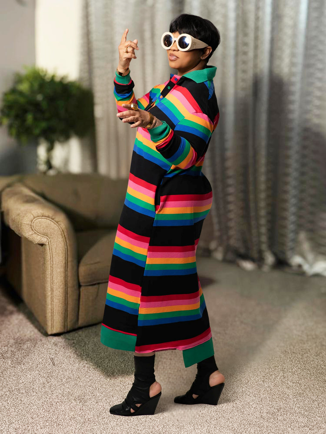 Casual Rainbow Horizontal Stripe Shirt Dress