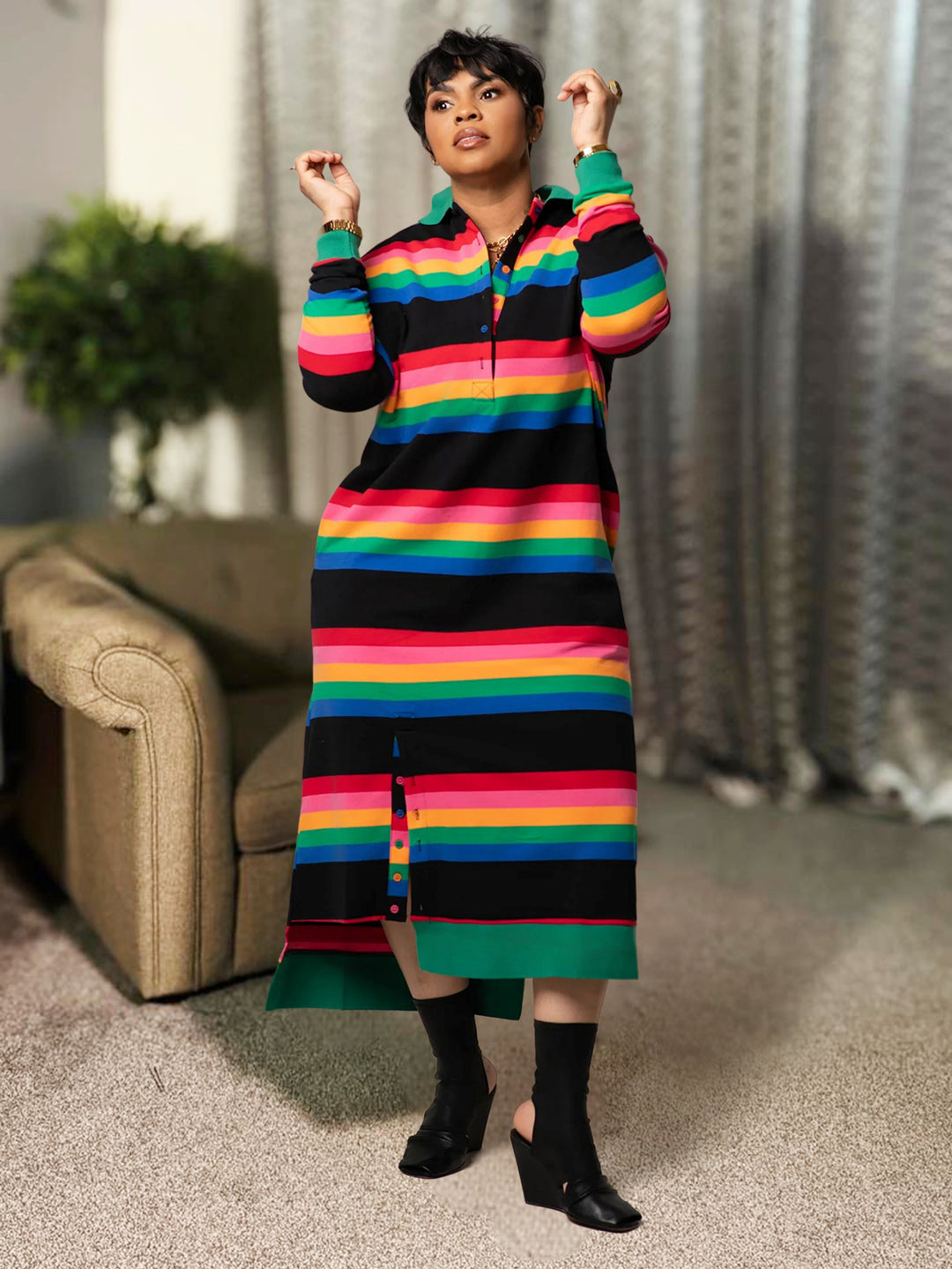 Casual Rainbow Horizontal Stripe Shirt Dress