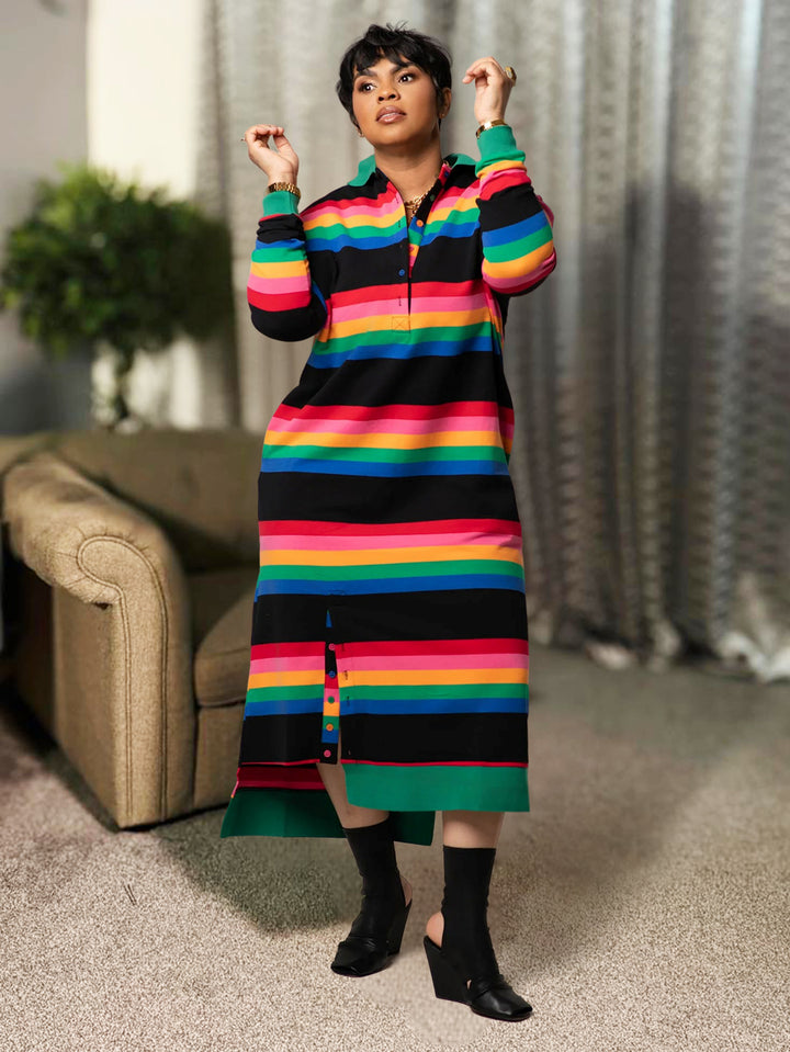 Casual Rainbow Horizontal Stripe Shirt Dress