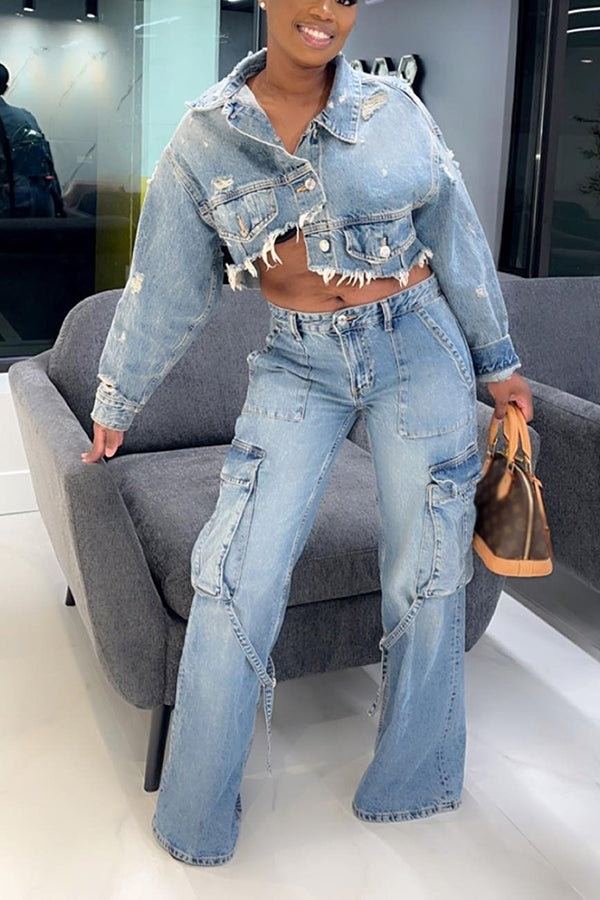 Stylish Ripped Asymmetrical Denim Jacket & Cargo Jeans