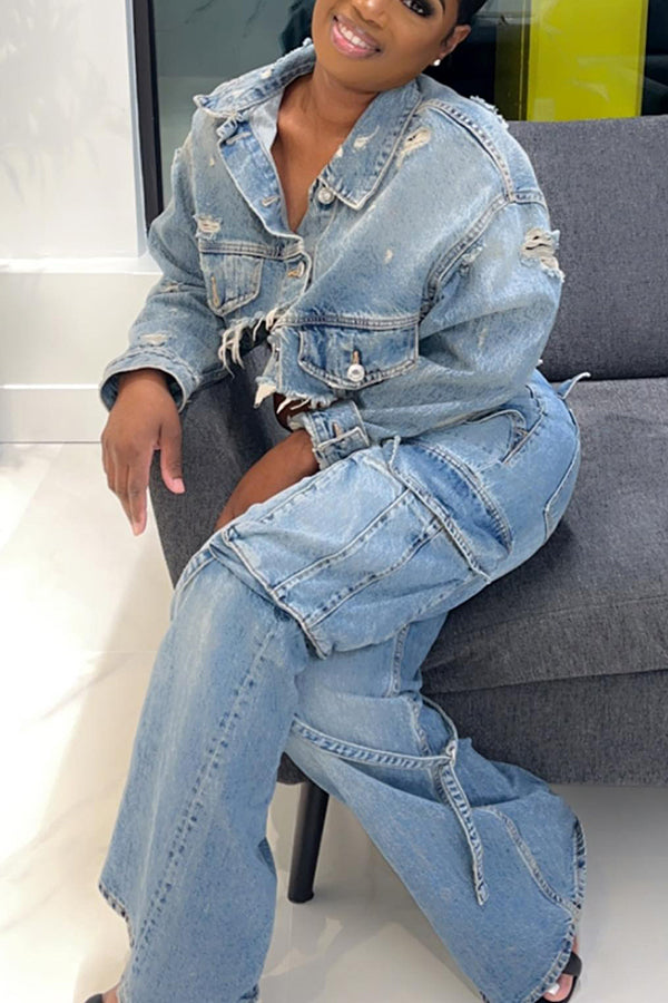 Stylish Ripped Asymmetrical Denim Jacket & Cargo Jeans