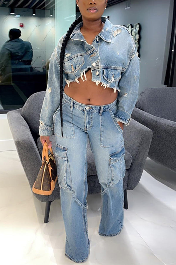 Stylish Ripped Asymmetrical Denim Jacket & Cargo Jeans