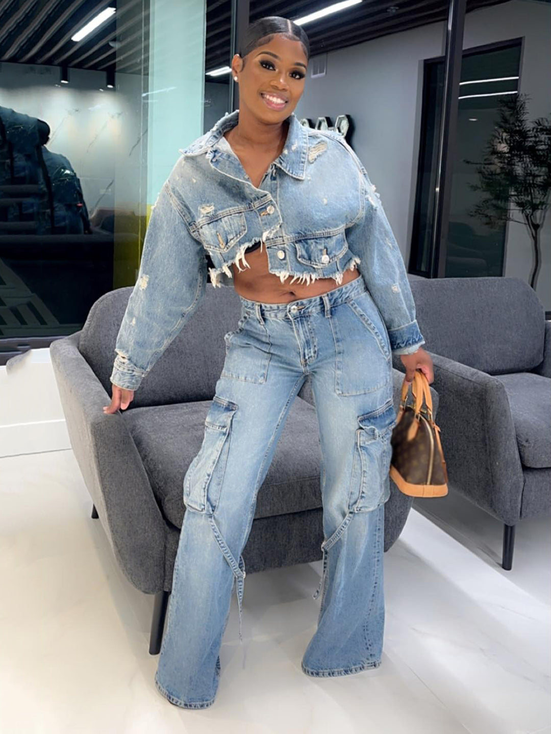 Stylish Ripped Asymmetrical Denim Jacket & Cargo Jeans