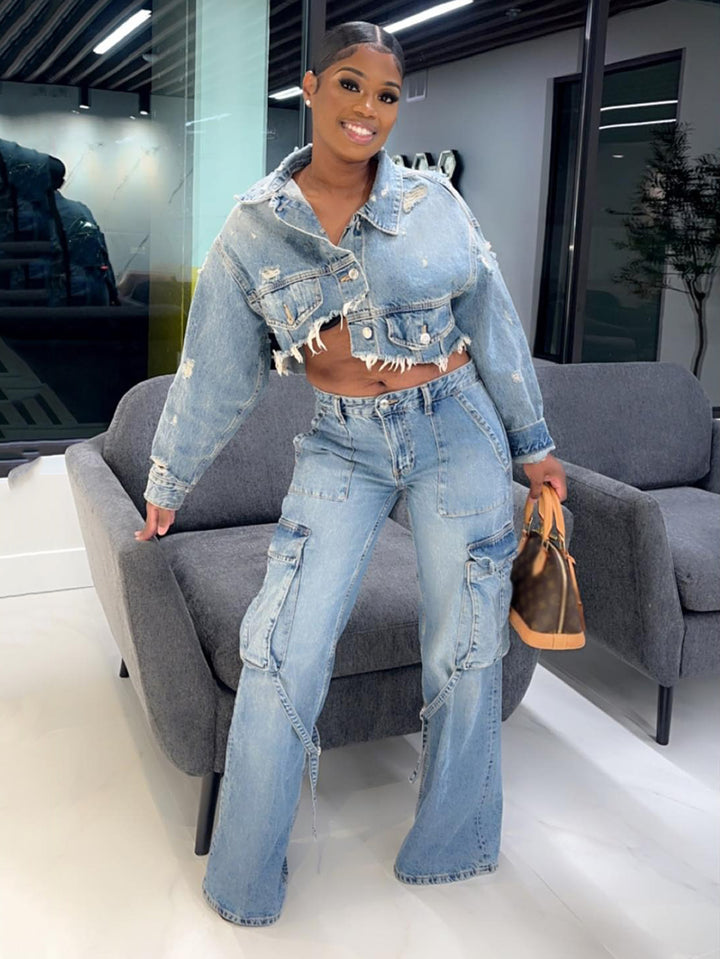 Stylish Ripped Asymmetrical Denim Jacket & Cargo Jeans