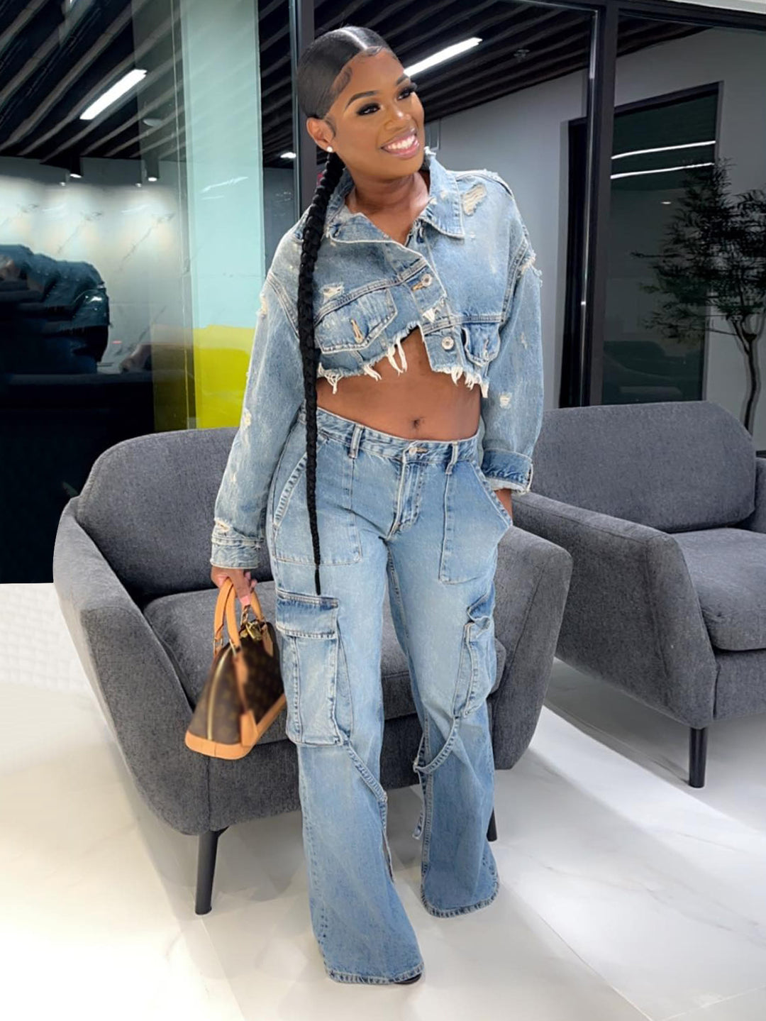 Stylish Ripped Asymmetrical Denim Jacket & Cargo Jeans