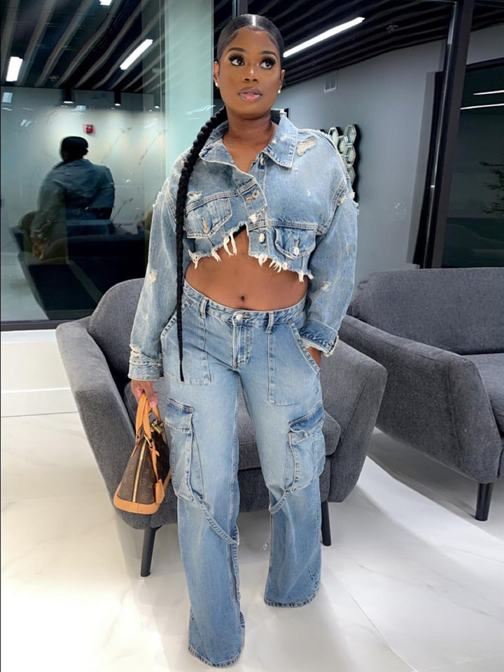 Stylish Ripped Asymmetrical Denim Jacket & Cargo Jeans