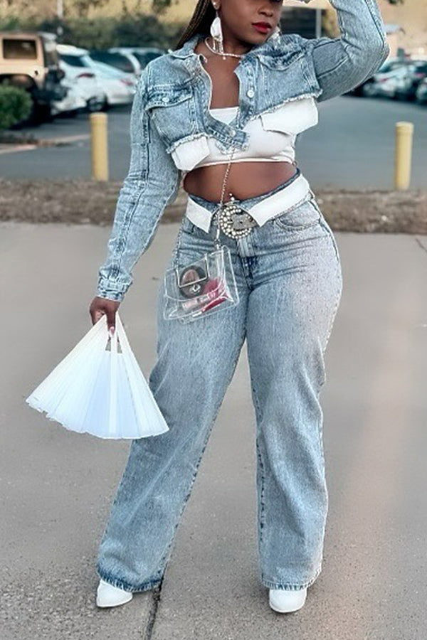 Stylish Cropped Denim Jacket & Straight Jeans