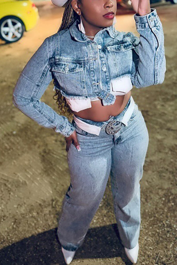 Stylish Cropped Denim Jacket & Straight Jeans