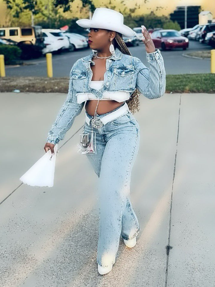 Stylish Cropped Denim Jacket & Straight Jeans