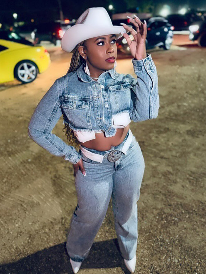 Stylish Cropped Denim Jacket & Straight Jeans