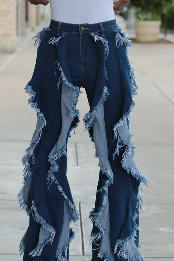 Fashionable Multi-Layered Ruffled Flared Jeans