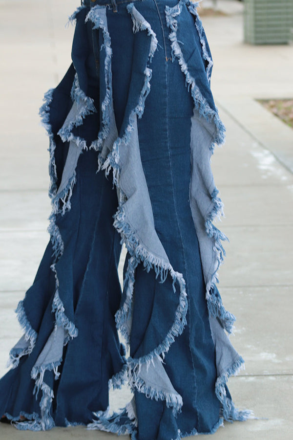 Fashionable Multi-Layered Ruffled Flared Jeans