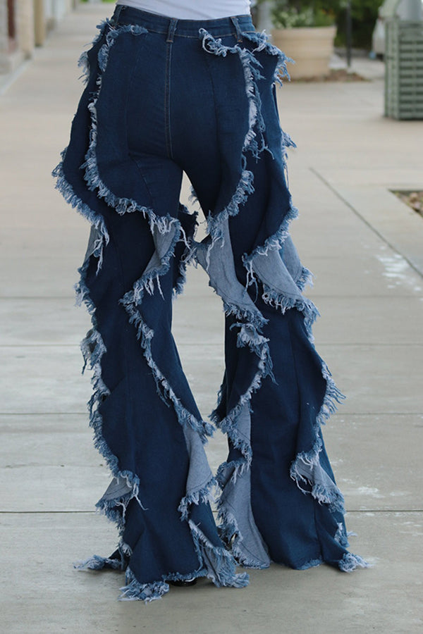 Fashionable Multi-Layered Ruffled Flared Jeans
