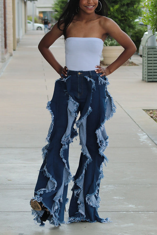 Fashionable Multi-Layered Ruffled Flared Jeans