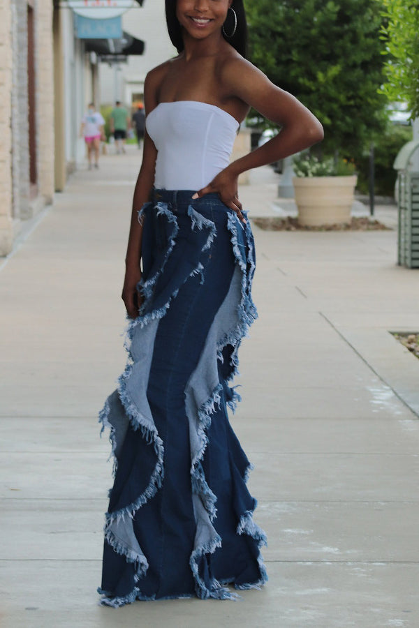 Fashionable Multi-Layered Ruffled Flared Jeans