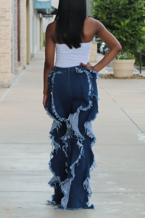 Fashionable Multi-Layered Ruffled Flared Jeans