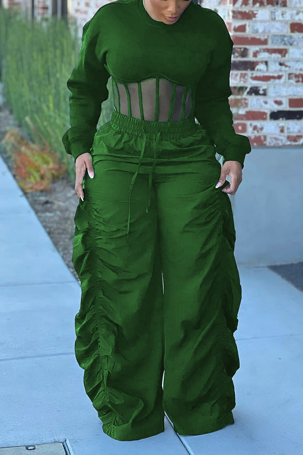 Casual Corset Hem Cropped Sweatshirt & Ruched Pants