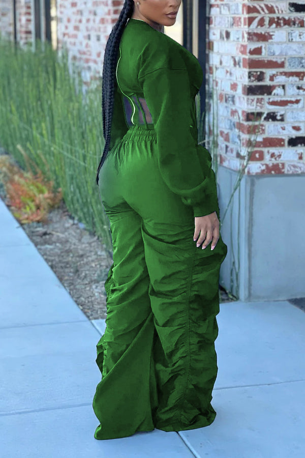 Casual Corset Hem Cropped Sweatshirt & Ruched Pants