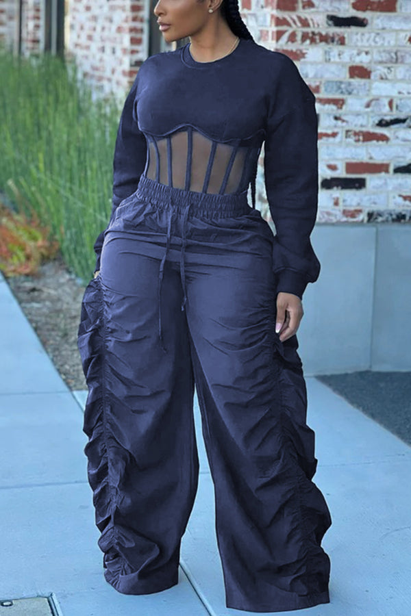 Casual Corset Hem Cropped Sweatshirt & Ruched Pants