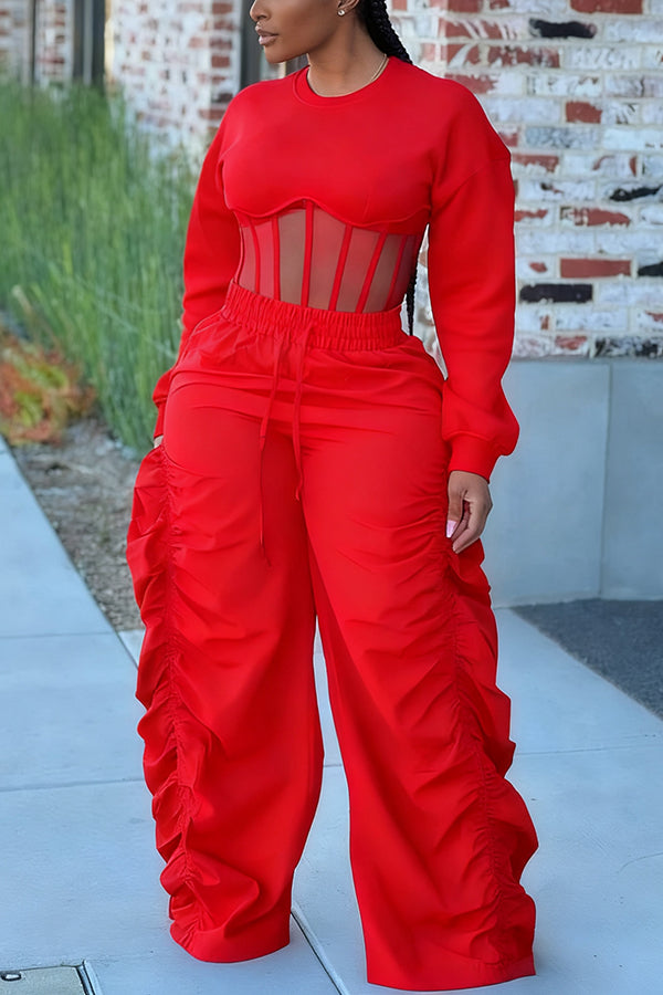 Casual Corset Hem Cropped Sweatshirt & Ruched Pants