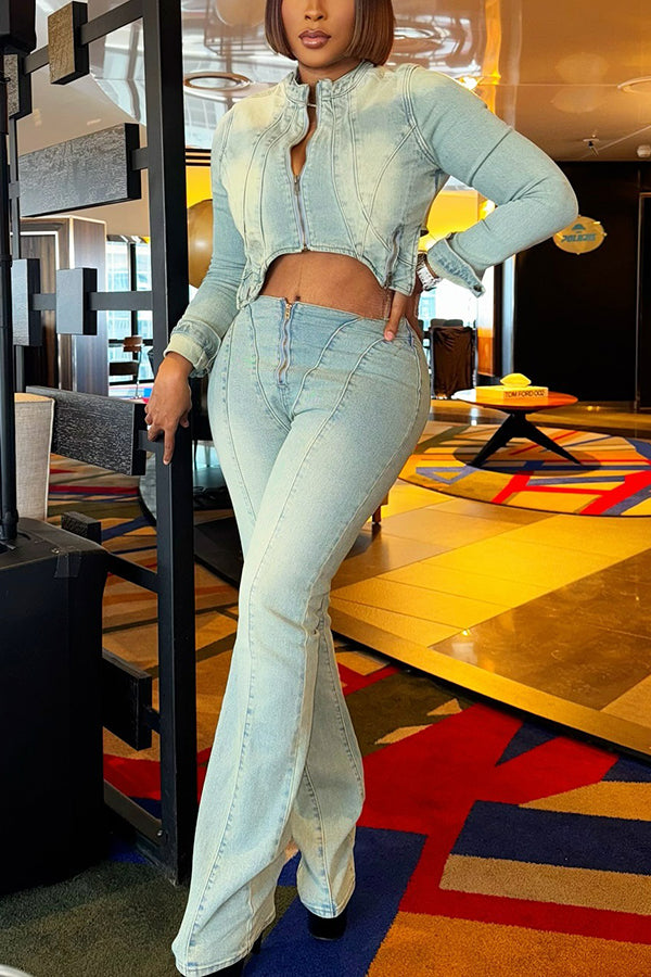 Stylish Zip-Up Cropped Denim Top & Bootcut Jeans