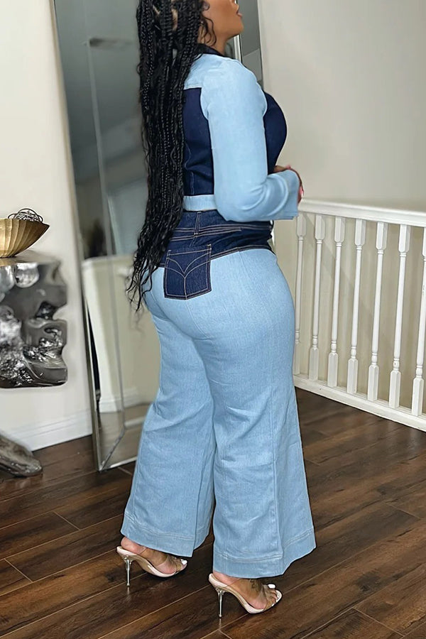Fashionable Colorblock Wide-Leg Denim Suit