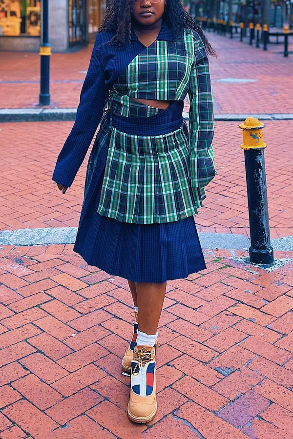 Fashionable Plaid Patchwork Top & Pleated Skirt