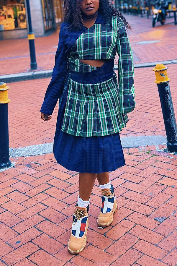 Fashionable Plaid Patchwork Top & Pleated Skirt