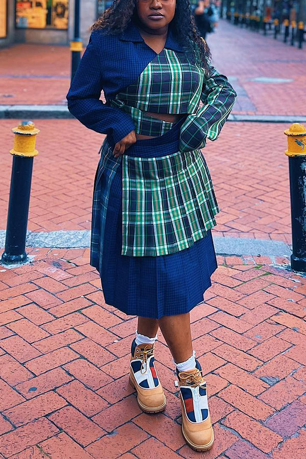 Fashionable Plaid Patchwork Top & Pleated Skirt
