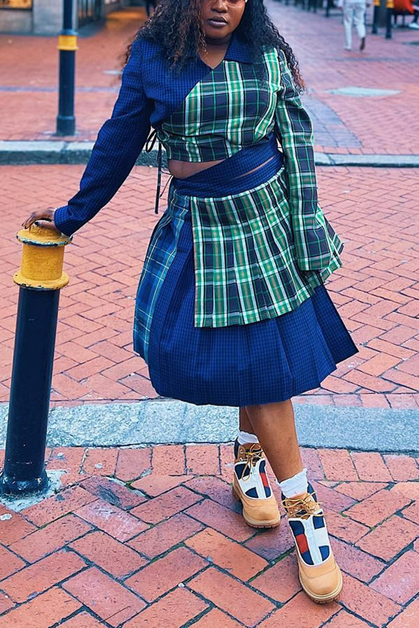 Fashionable Plaid Patchwork Top & Pleated Skirt
