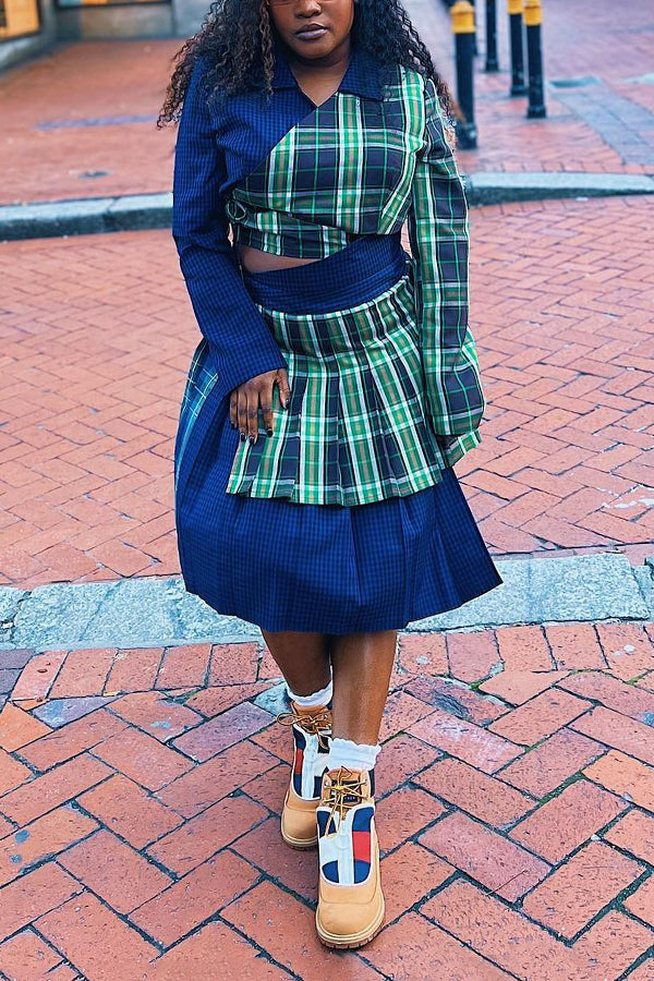 Fashionable Plaid Patchwork Top & Pleated Skirt