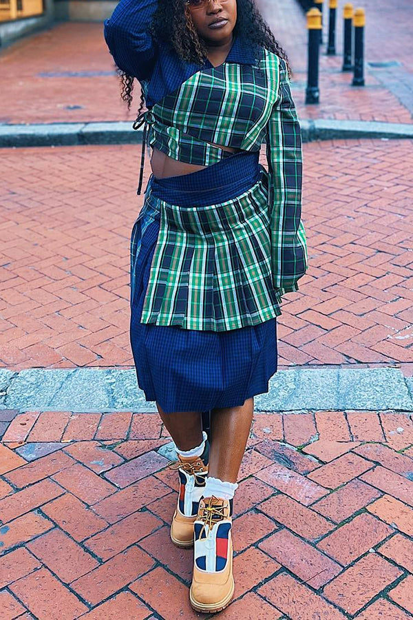 Fashionable Plaid Patchwork Top & Pleated Skirt