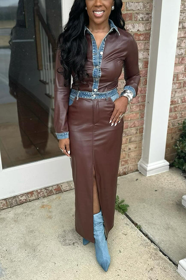 Fashionable Faux Leather Denim Two Piece Set
